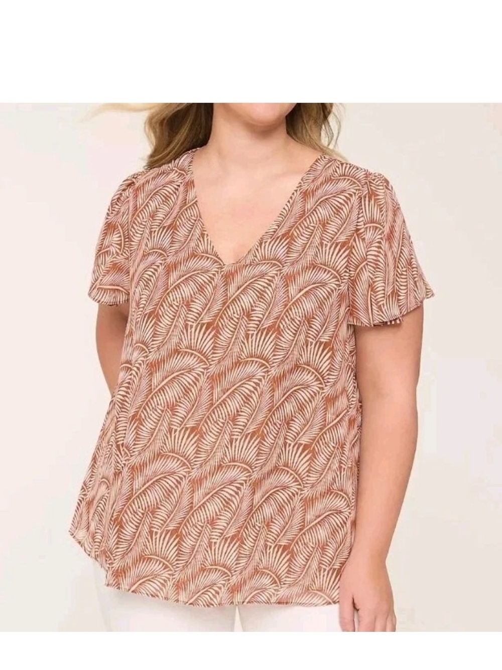 NWT Lane Bryant Swing Flutter Sleeve Popover Top V-neck in Brown Palms Size 14